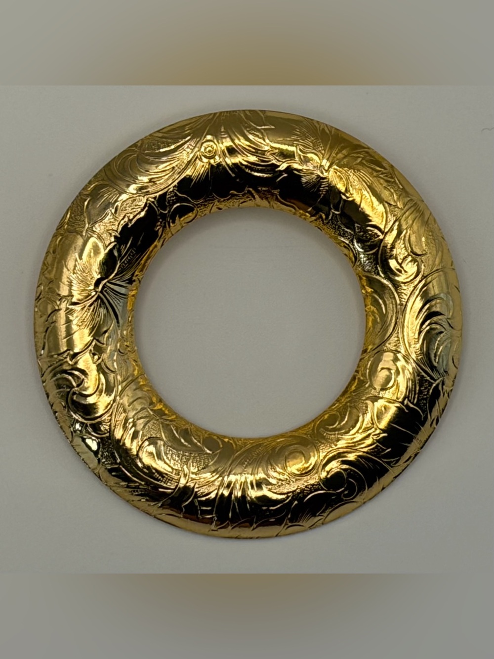Gold Tone Ornate Engraved Circle Brooch